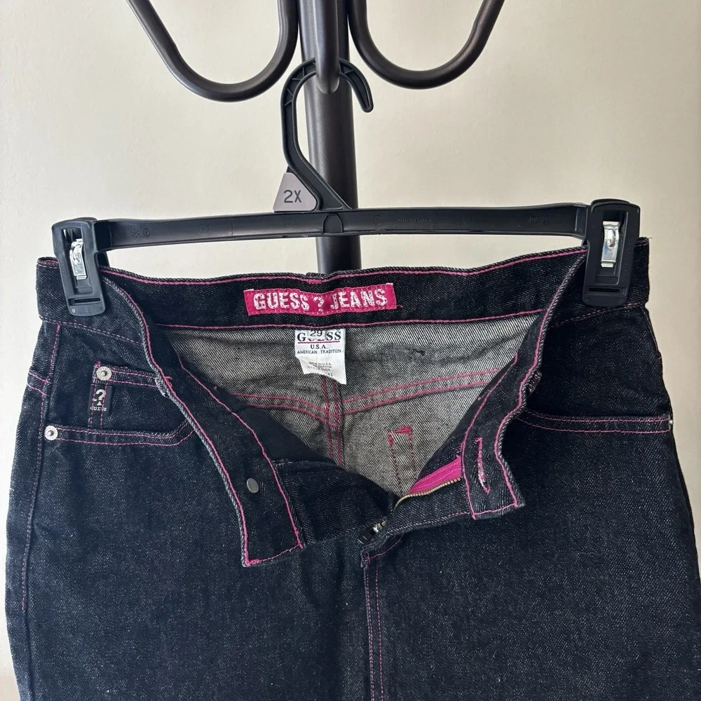Women's Vintage 90's Guess Dark Denim Skirt Size‎ 29 Made In USA  Pink Stitching